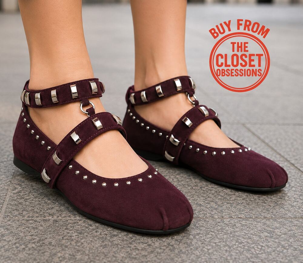 ZARA Studded Ballet Flats NWT Burgundy Suede Buckle Mary Jane Shoes 7.5 8